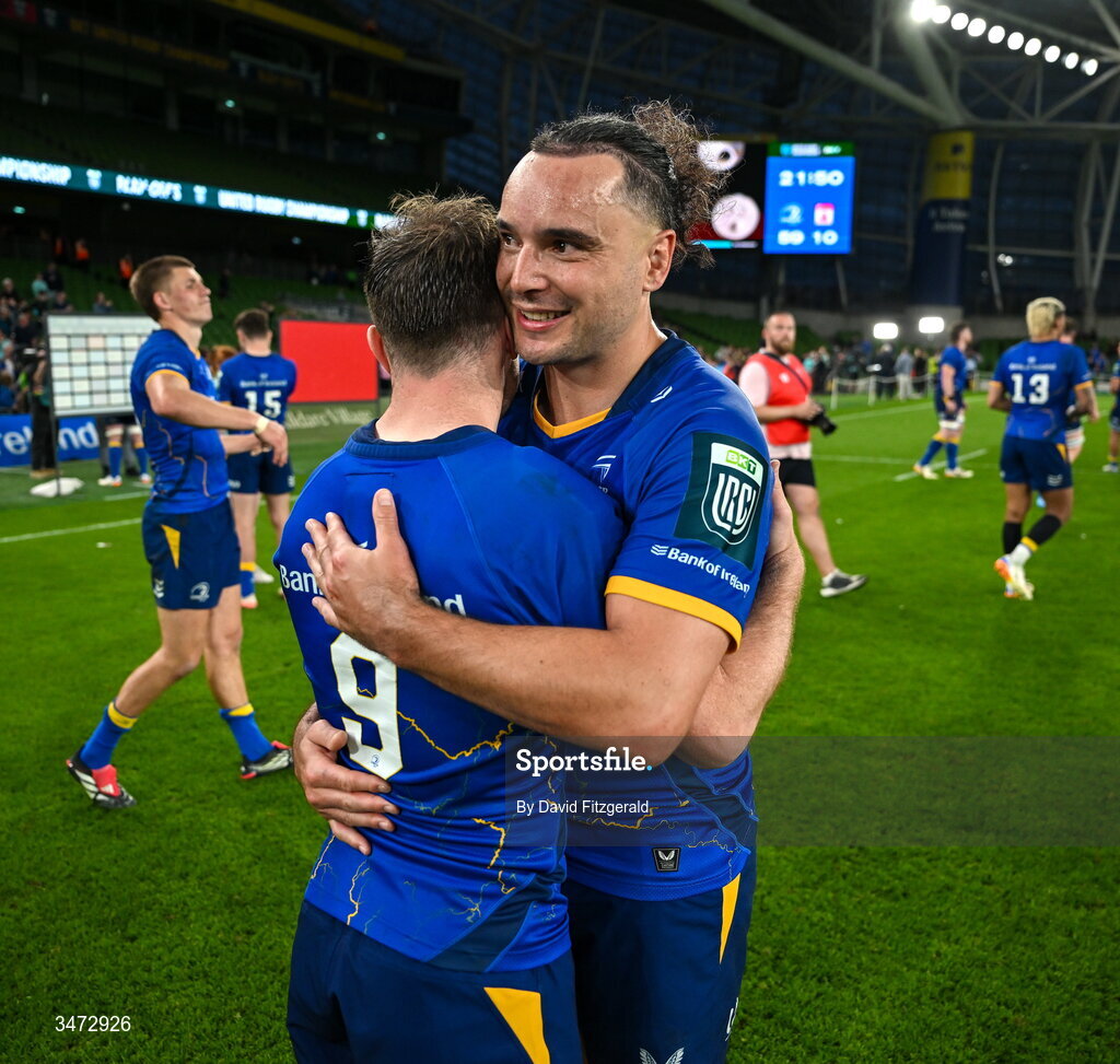 30 May 2026; James Lowe, right, and Luke McGrath of Leinster after the United Rugby Championship quarter-final match between Leinster and Lions at the Aviva Stadium in Dublin. Photo by David Fitzgerald/Sportsfile