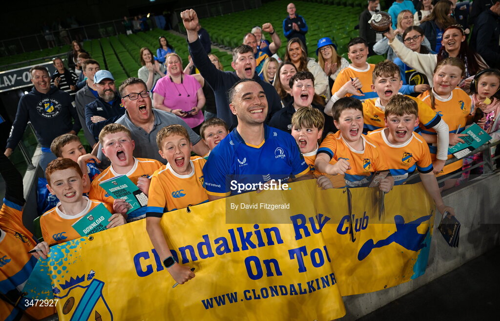 30 May 2026; James Lowe of Leinster with supporters after the United Rugby Championship quarter-final match between Leinster and Lions at the Aviva Stadium in Dublin. Photo by David Fitzgerald/Sportsfile