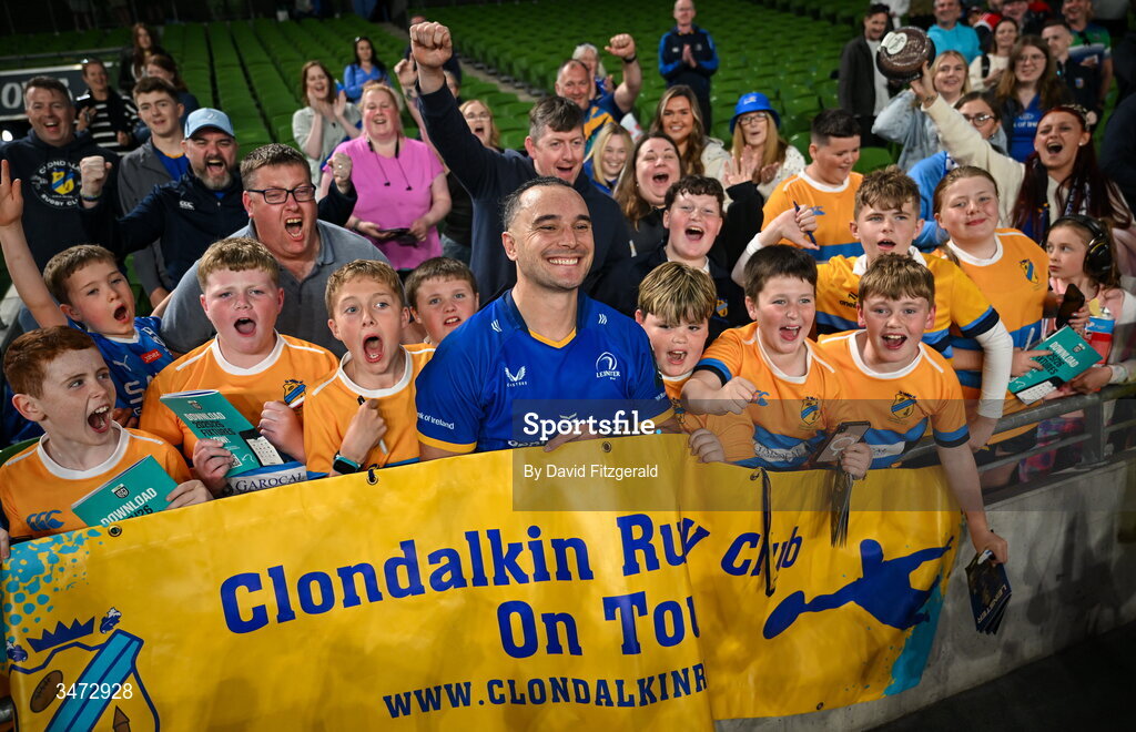 30 May 2026; James Lowe of Leinster with supporters after the United Rugby Championship quarter-final match between Leinster and Lions at the Aviva Stadium in Dublin. Photo by David Fitzgerald/Sportsfile