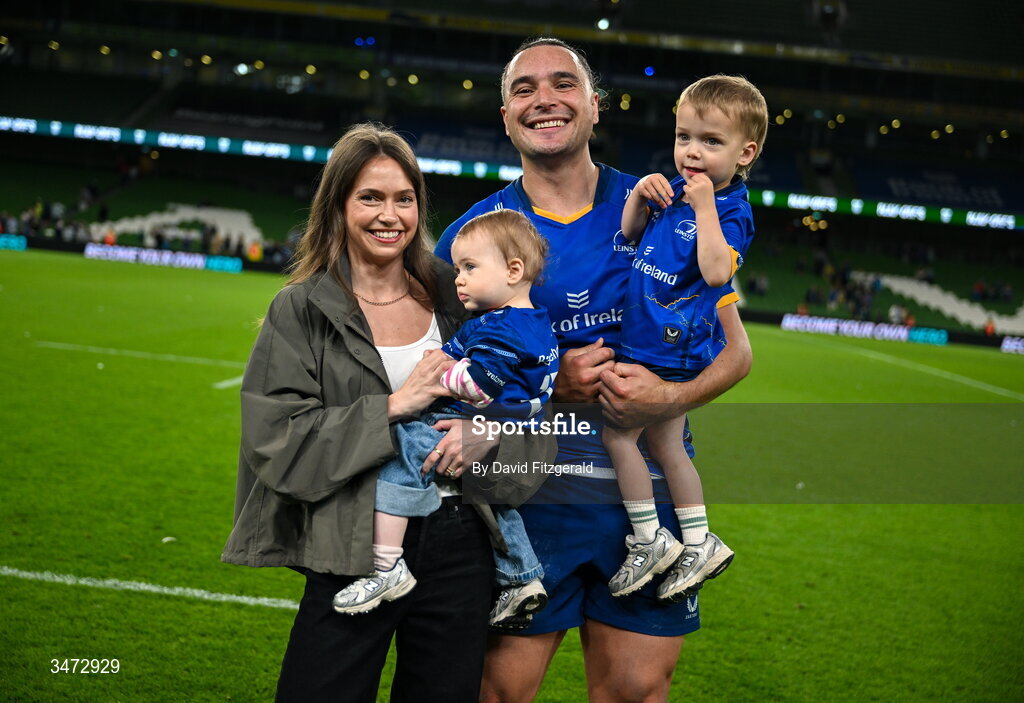 30 May 2026; James Lowe of Leinster with his partner Arnica with their children Nico, and Renn after earning his 100th cap for Leinster, following during the United Rugby Championship quarter-final match between Leinster and Lions at the Aviva Stadium in Dublin. Photo by David Fitzgerald/Sportsfile