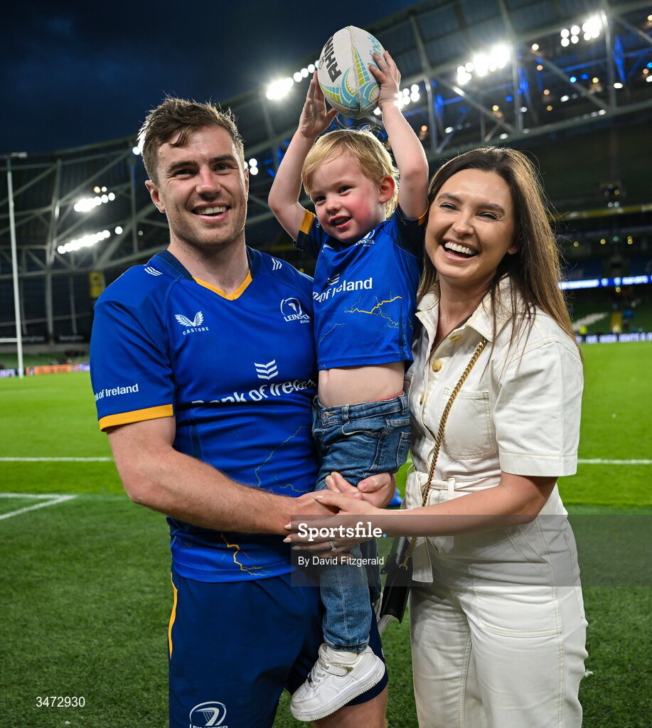 30 May 2026; Luke McGrath of Leinster with his wife Rebecca and their son Bobby after the United Rugby Championship quarter-final match between Leinster and Lions at the Aviva Stadium in Dublin. Photo by David Fitzgerald/Sportsfile