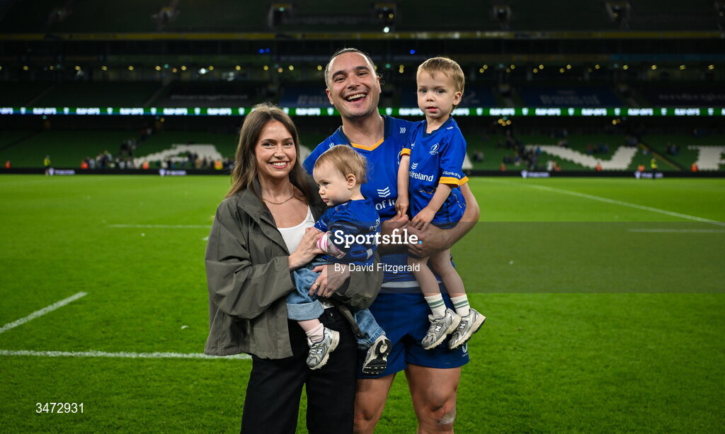 30 May 2026; James Lowe of Leinster with his partner Arnica with their children Nico, and Renn after earning his 100th cap for Leinster, following during the United Rugby Championship quarter-final match between Leinster and Lions at the Aviva Stadium in Dublin. Photo by David Fitzgerald/Sportsfile