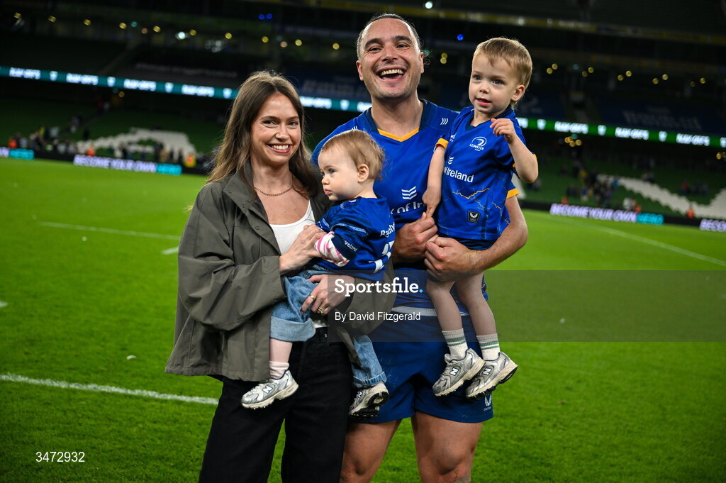 30 May 2026; James Lowe of Leinster with his partner Arnica with their children Nico, and Renn after earning his 100th cap for Leinster, following during the United Rugby Championship quarter-final match between Leinster and Lions at the Aviva Stadium in Dublin. Photo by David Fitzgerald/Sportsfile