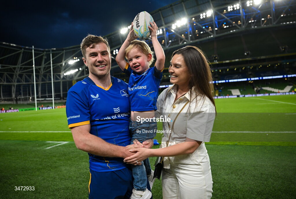 30 May 2026; Luke McGrath of Leinster with his wife Rebecca and their son Bobby after the United Rugby Championship quarter-final match between Leinster and Lions at the Aviva Stadium in Dublin. Photo by David Fitzgerald/Sportsfile