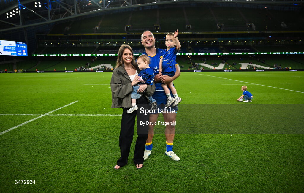 30 May 2026; James Lowe of Leinster with his partner Arnica with their children Nico, and Renn after earning his 100th cap for Leinster, following during the United Rugby Championship quarter-final match between Leinster and Lions at the Aviva Stadium in Dublin. Photo by David Fitzgerald/Sportsfile