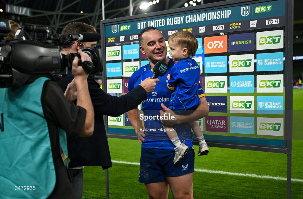 30 May 2026; James Lowe of Leinster with his son Nico after the United Rugby Championship quarter-final match between Leinster and Lions at the Aviva Stadium in Dublin. Photo by David Fitzgerald/Sportsfile