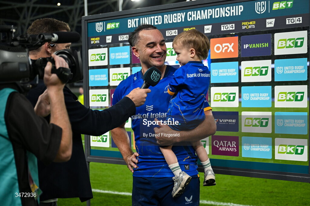 30 May 2026; James Lowe of Leinster with his son Nico after the United Rugby Championship quarter-final match between Leinster and Lions at the Aviva Stadium in Dublin. Photo by David Fitzgerald/Sportsfile