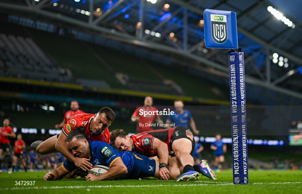 30 May 2026; James Lowe of Leinster dives over to score his side's ninth try during the United Rugby Championship quarter-final match between Leinster and Lions at the Aviva Stadium in Dublin. Photo by David Fitzgerald/Sportsfile