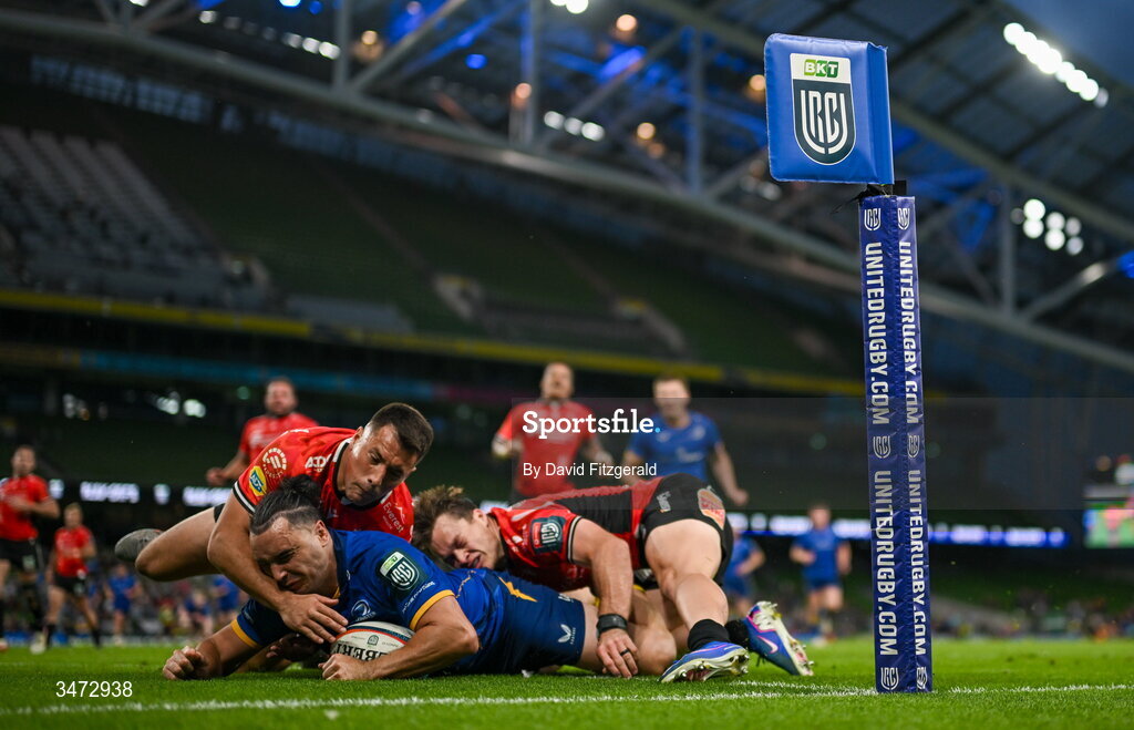 30 May 2026; James Lowe of Leinster dives over to score his side's ninth try during the United Rugby Championship quarter-final match between Leinster and Lions at the Aviva Stadium in Dublin. Photo by David Fitzgerald/Sportsfile