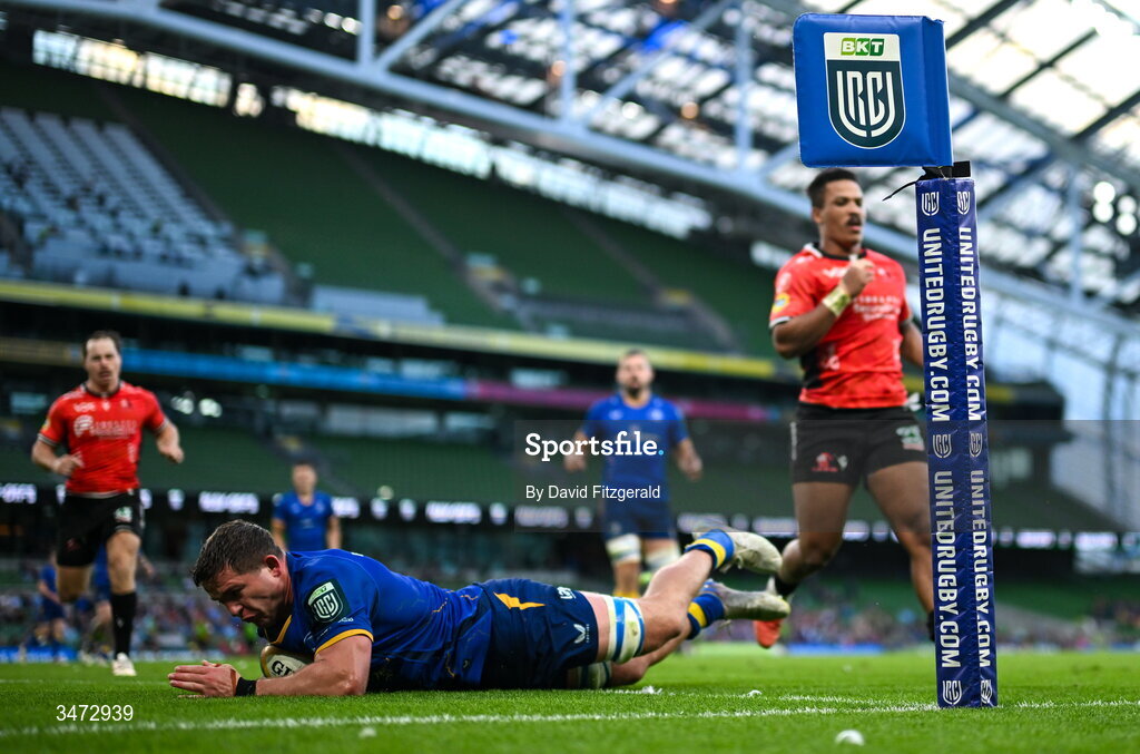 30 May 2026; Scott Penny of Leinster dives over to score his side's fourth try during the United Rugby Championship quarter-final match between Leinster and Lions at the Aviva Stadium in Dublin. Photo by David Fitzgerald/Sportsfile