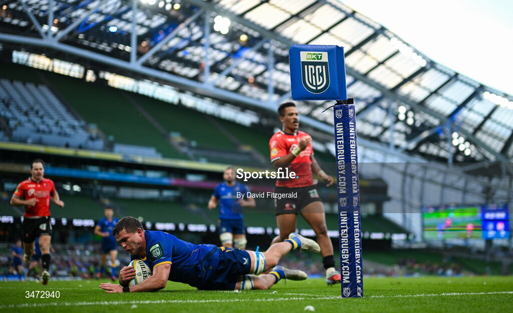 30 May 2026; Scott Penny of Leinster dives over to score his side's fourth try during the United Rugby Championship quarter-final match between Leinster and Lions at the Aviva Stadium in Dublin. Photo by David Fitzgerald/Sportsfile