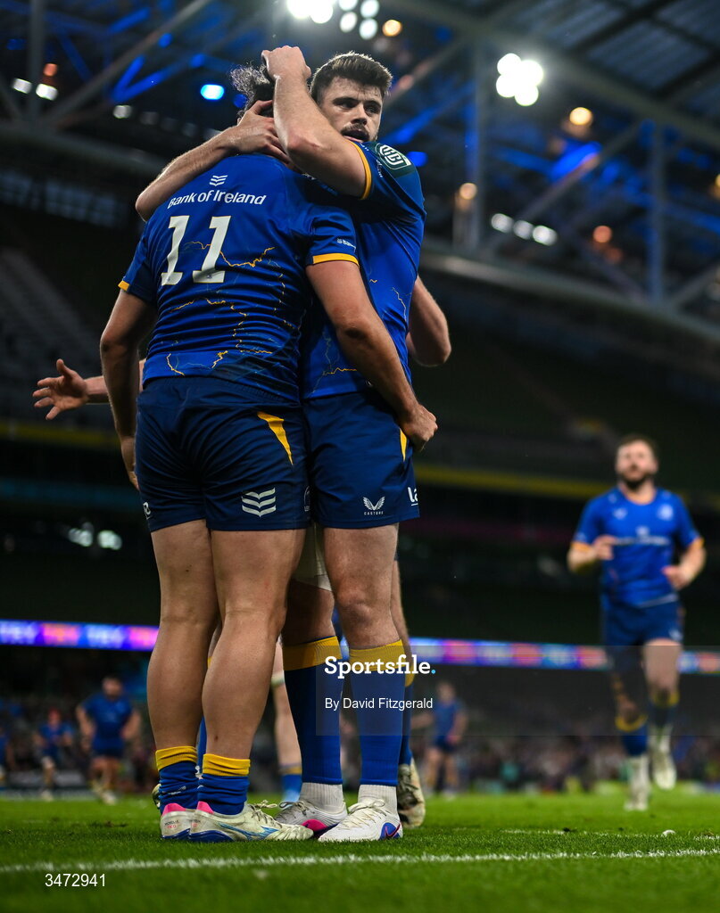30 May 2026; James Lowe of Leinster, 11, celebrates with teammate Harry Byrne after scoring their side's ninth try during the United Rugby Championship quarter-final match between Leinster and Lions at the Aviva Stadium in Dublin. Photo by David Fitzgerald/Sportsfile