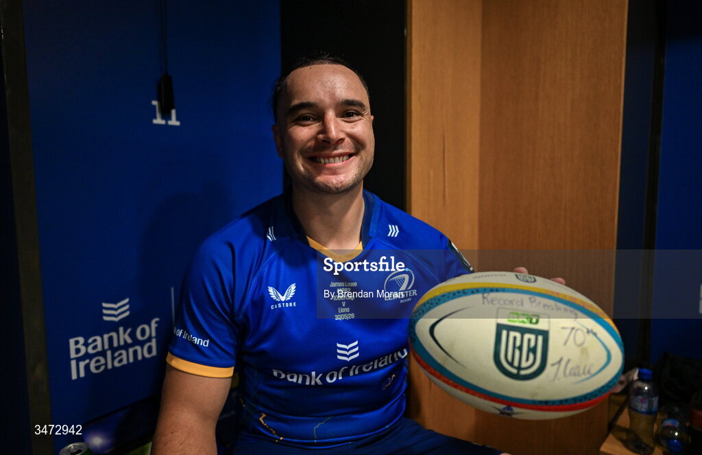 30 May 2026; James Lowe of Leinster with his record breaking 70th try matchball after the United Rugby Championship quarter-final match between Leinster and Lions at the Aviva Stadium in Dublin. Photo by Brendan Moran/Sportsfile
