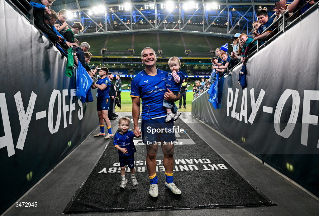 30 May 2026; James Lowe of Leinster leaves the pitch with his children Nico and Renn after the United Rugby Championship quarter-final match between Leinster and Lions at the Aviva Stadium in Dublin. Photo by Brendan Moran/Sportsfile