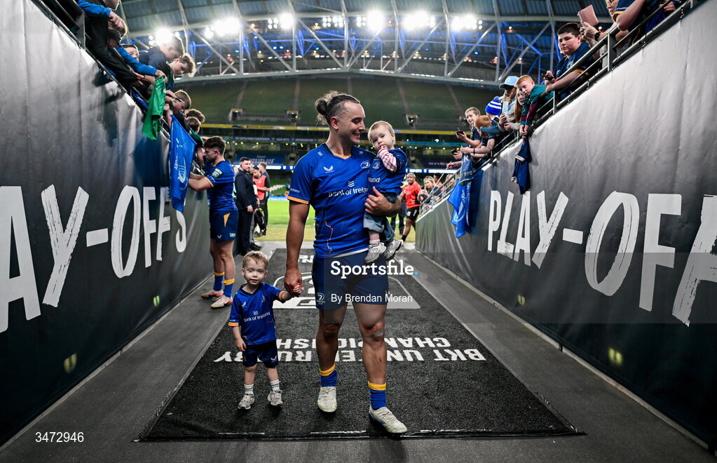 30 May 2026; James Lowe of Leinster leaves the pitch with his children Nico and Renn after the United Rugby Championship quarter-final match between Leinster and Lions at the Aviva Stadium in Dublin. Photo by Brendan Moran/Sportsfile