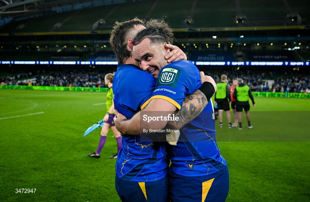 30 May 2026; James Lowe, right, and Andrew Porter of Leinster after during the United Rugby Championship quarter-final match between Leinster and Lions at the Aviva Stadium in Dublin. Photo by Brendan Moran/Sportsfile