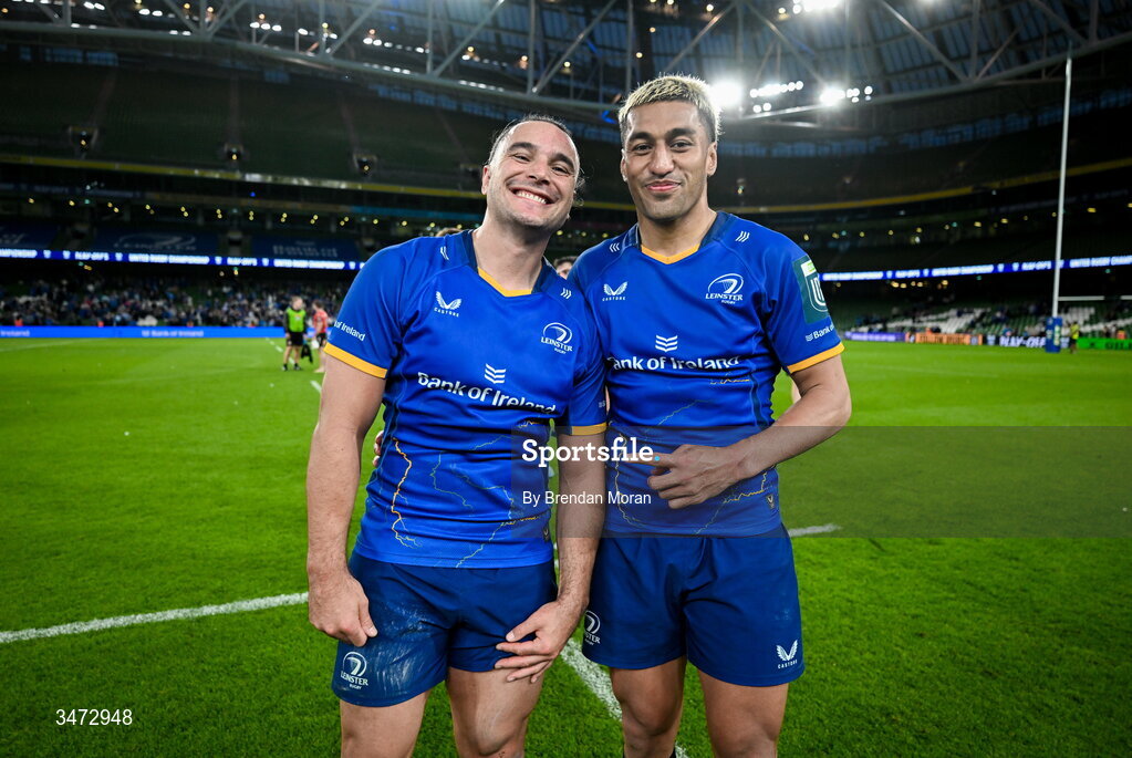 30 May 2026; James Lowe, left, and Rieko Ioane of Leinster after the United Rugby Championship quarter-final match between Leinster and Lions at the Aviva Stadium in Dublin. Photo by Brendan Moran/Sportsfile