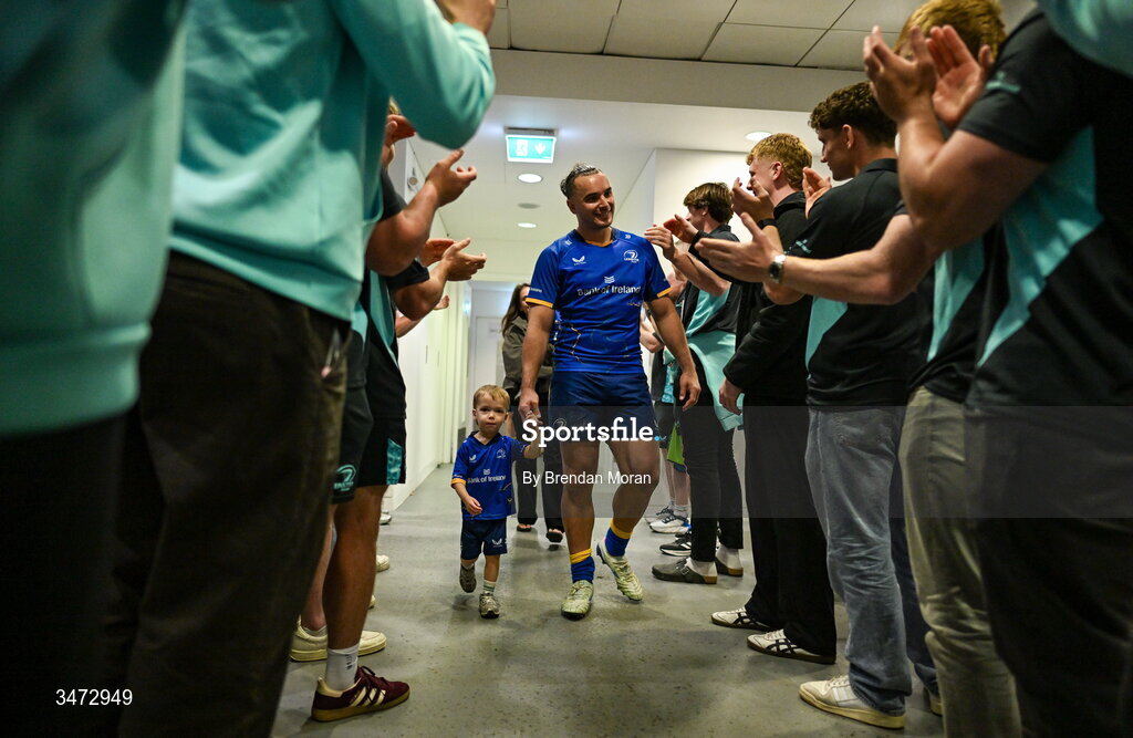 30 May 2026; James Lowe of Leinster with his son Nico is applauded into the dressing room after the United Rugby Championship quarter-final match between Leinster and Lions at the Aviva Stadium in Dublin. Photo by Brendan Moran/Sportsfile