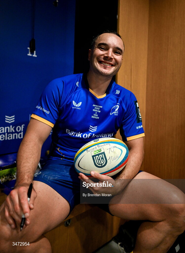 30 May 2026; James Lowe of Leinster with his record breaking 70th try matchball after the United Rugby Championship quarter-final match between Leinster and Lions at the Aviva Stadium in Dublin. Photo by Brendan Moran/Sportsfile