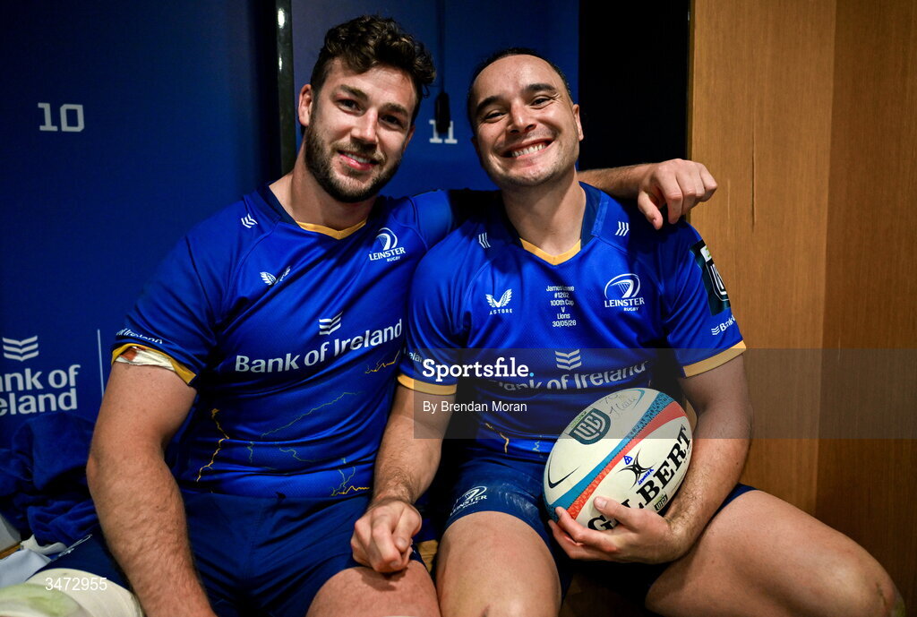 30 May 2026; James Lowe of Leinster with his record breaking 70th try matchball and captain and teammate Caelan Doris, left, after the United Rugby Championship quarter-final match between Leinster and Lions at the Aviva Stadium in Dublin. Photo by Brendan Moran/Sportsfile