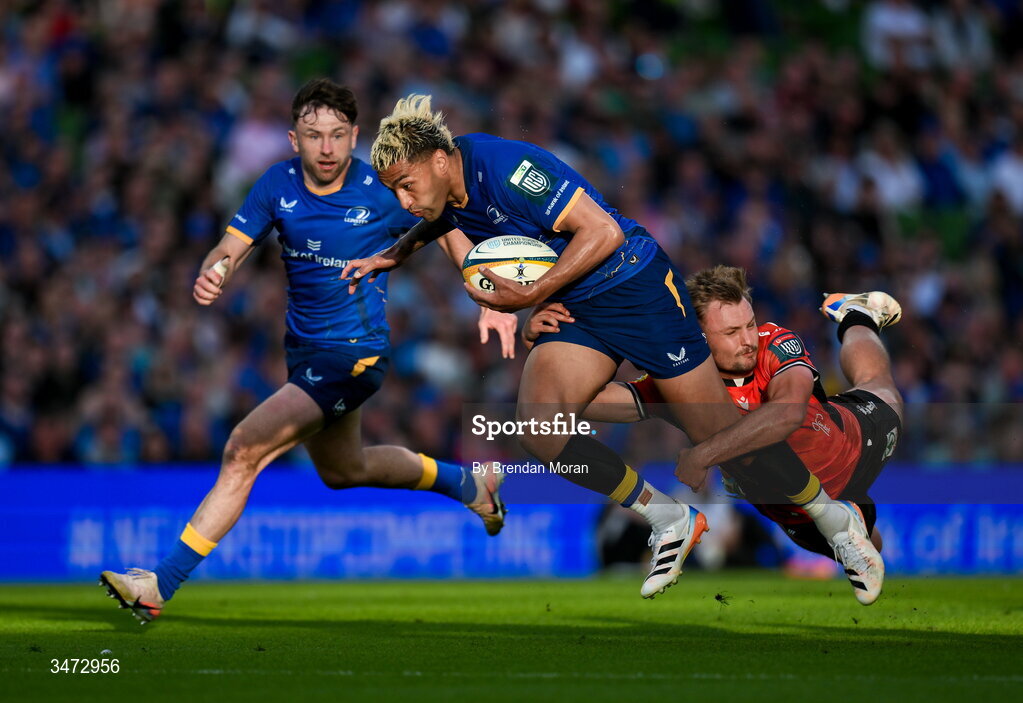 30 May 2026; Rieko Ioane of Leinster is tackled by Richard Kriel of Lions during the United Rugby Championship quarter-final match between Leinster and Lions at the Aviva Stadium in Dublin. Photo by Brendan Moran/Sportsfile