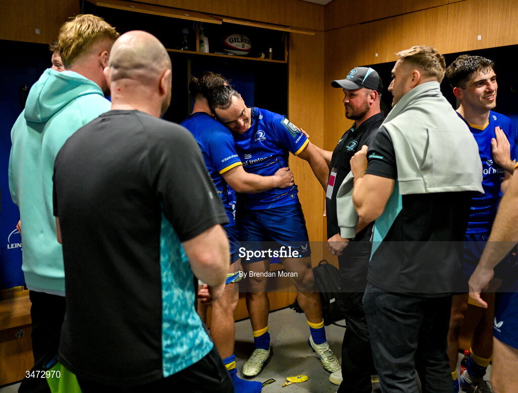 30 May 2026; James Lowe of Leinster is congratulated by his teammates after the United Rugby Championship quarter-final match between Leinster and Lions at the Aviva Stadium in Dublin. Photo by Brendan Moran/Sportsfile