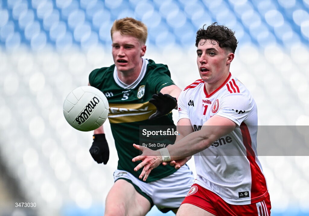 30 May 2026; Brian Gallagher of Tyrone in action against Eoin O’Flaherty of Kerry during the Dalata Hotels Group GAA Football All-Ireland U20 Championship final match between Kerry and Tyrone at Croke Park in Dublin. Photo by Seb Daly/Sportsfile