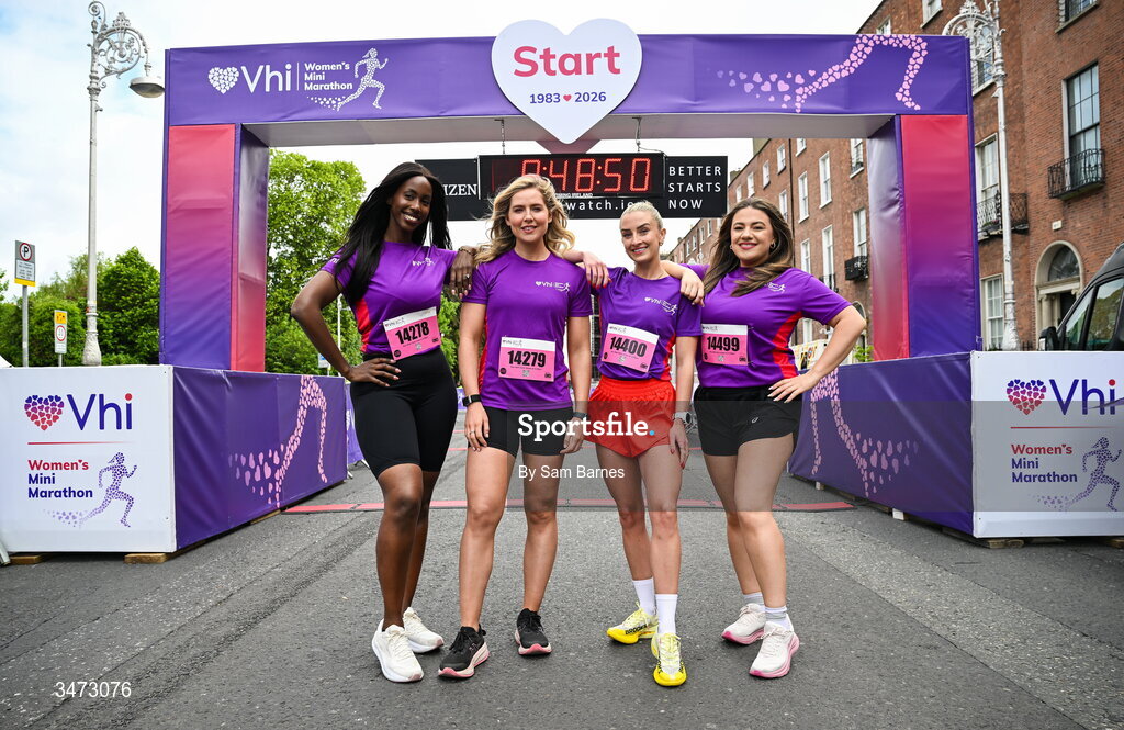 31 May 2026; Vhi ambassadors, from left, Katja Mia, Aimee Connolly, Nathalie Lennon and Clóda Scanlon at the 2026 Vhi Women’s Mini Marathon. Almost 30,000 women from all over the country took to the streets of Dublin to run, walk and jog the 10km route, raising much needed funds for hundreds of charities around the country. www.vhiwomensminimarathon.ie. Photo by Sam Barnes/Sportsfile