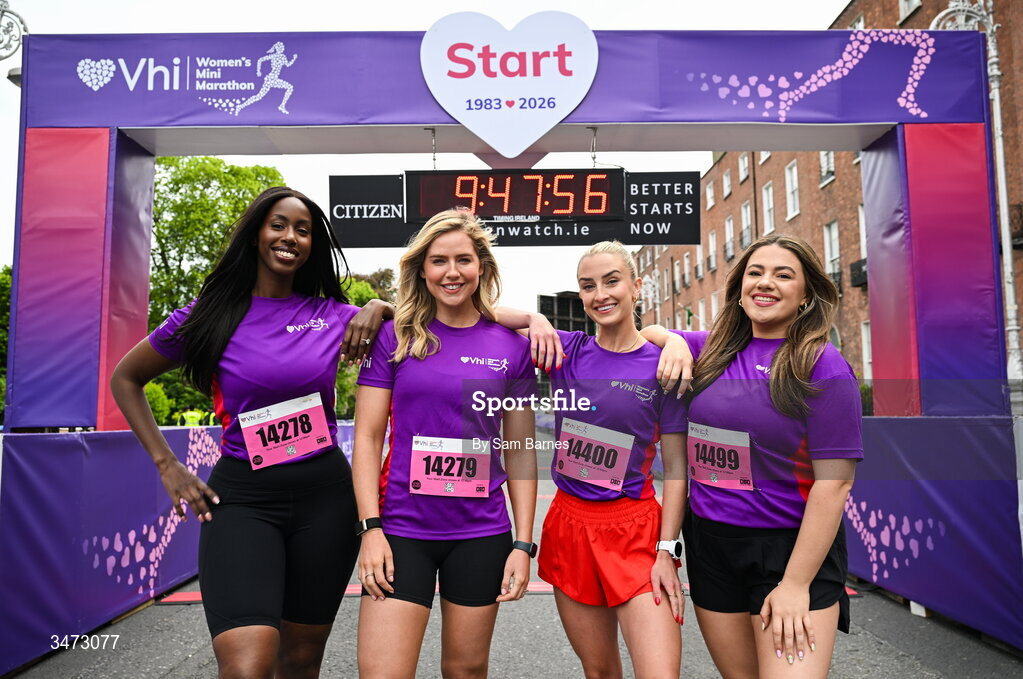 31 May 2026; Vhi ambassadors, from left, Katja Mia, Aimee Connolly, Nathalie Lennon and Clóda Scanlon at the 2026 Vhi Women’s Mini Marathon. Almost 30,000 women from all over the country took to the streets of Dublin to run, walk and jog the 10km route, raising much needed funds for hundreds of charities around the country. www.vhiwomensminimarathon.ie. Photo by Sam Barnes/Sportsfile