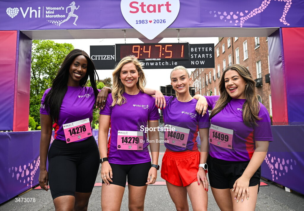 31 May 2026; Vhi ambassadors, from left, Katja Mia, Aimee Connolly, Nathalie Lennon and Clóda Scanlon at the 2026 Vhi Women’s Mini Marathon. Almost 30,000 women from all over the country took to the streets of Dublin to run, walk and jog the 10km route, raising much needed funds for hundreds of charities around the country. www.vhiwomensminimarathon.ie. Photo by Sam Barnes/Sportsfile