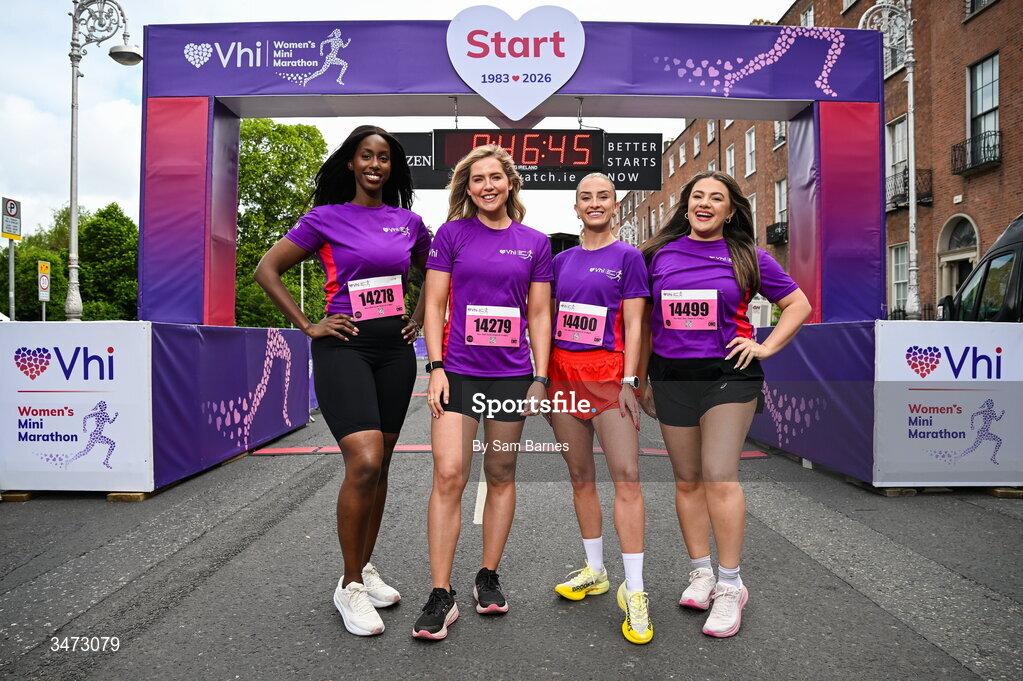31 May 2026; Vhi ambassadors, from left, Katja Mia, Aimee Connolly, Nathalie Lennon and Clóda Scanlon at the 2026 Vhi Women’s Mini Marathon. Almost 30,000 women from all over the country took to the streets of Dublin to run, walk and jog the 10km route, raising much needed funds for hundreds of charities around the country. www.vhiwomensminimarathon.ie. Photo by Sam Barnes/Sportsfile ***NO REPRODUCTION FEE***