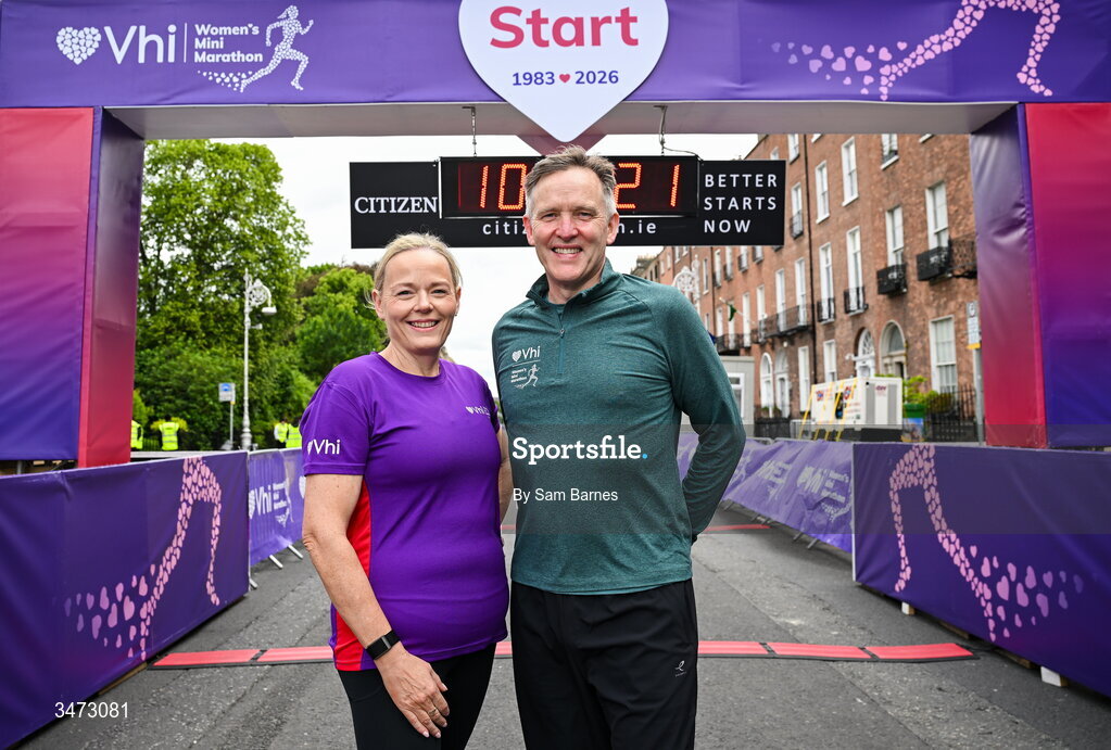 31 May 2026; Dr Linda Keaveney, chief healthcare officer of VHI, left, and David O'Leary, race director, at the 2026 Vhi Women’s Mini Marathon. Almost 30,000 women from all over the country took to the streets of Dublin to run, walk and jog the 10km route, raising much needed funds for hundreds of charities around the country. www.vhiwomensminimarathon.ie. Photo by Sam Barnes/Sportsfile