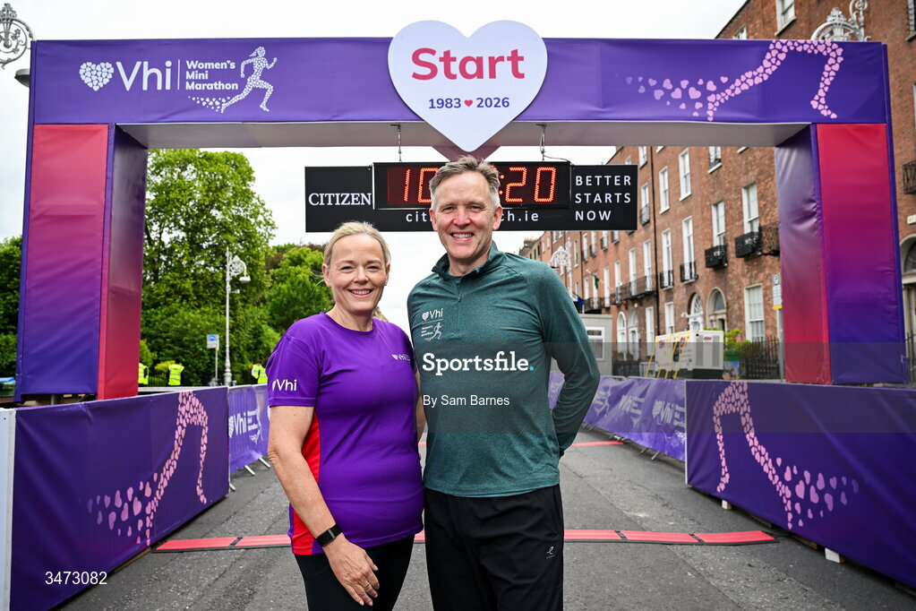 31 May 2026; Dr Linda Keaveney, chief healthcare officer of VHI, left, and David O'Leary, race director, at the 2026 Vhi Women’s Mini Marathon. Almost 30,000 women from all over the country took to the streets of Dublin to run, walk and jog the 10km route, raising much needed funds for hundreds of charities around the country. www.vhiwomensminimarathon.ie. Photo by Sam Barnes/Sportsfile