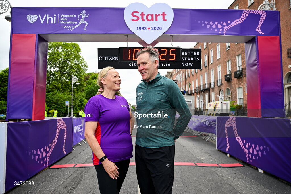 31 May 2026; Dr Linda Keaveney, chief healthcare officer of VHI, left, and David O'Leary, race director, at the 2026 Vhi Women’s Mini Marathon. Almost 30,000 women from all over the country took to the streets of Dublin to run, walk and jog the 10km route, raising much needed funds for hundreds of charities around the country. www.vhiwomensminimarathon.ie. Photo by Sam Barnes/Sportsfile