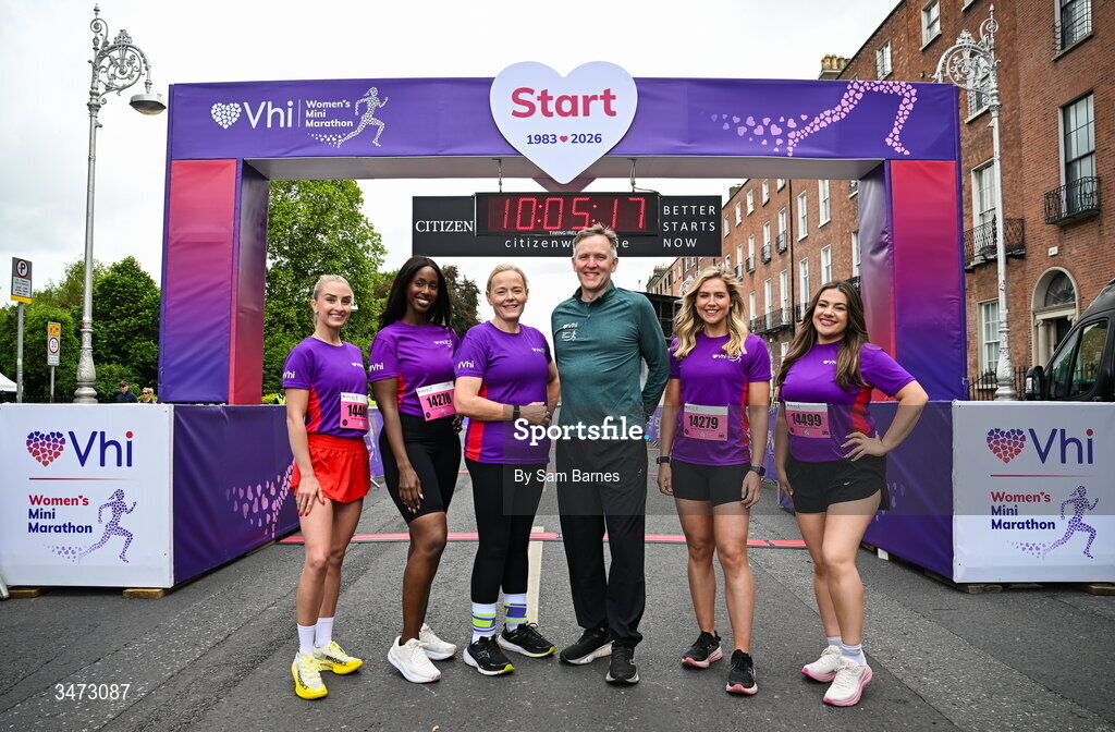 31 May 2026; Vhi ambassadors, from left, Nathalie Lennon, Katja Mia, Aimee Connolly and Clóda Scanlon with Dr Linda Keaveney, chief healthcare officer of VHI, and David O'Leary, race director, at the 2026 Vhi Women’s Mini Marathon. Almost 30,000 women from all over the country took to the streets of Dublin to run, walk and jog the 10km route, raising much needed funds for hundreds of charities around the country. www.vhiwomensminimarathon.ie. Photo by Sam Barnes/Sportsfile