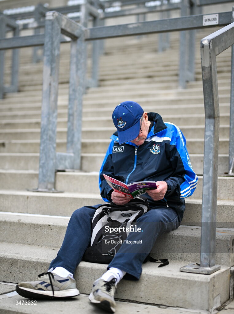 31 May 2026; Dublin supporter Felim Ó Hanaigh reads the match programme on Hill 16 before the GAA Football All-Ireland Senior Championship Round 1 match between Dublin and Louth at Croke Park in Dublin. Photo by David Fitzgerald/Sportsfile
