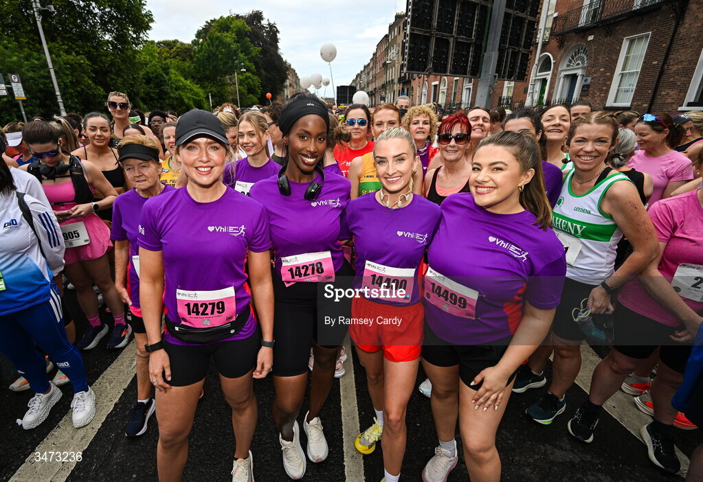 31 May 2026; VHI ambassadors, from left, Aimee Connolly, Katja Mia, Nathalie Lennon and Clóda Scanlon before the 2026 Vhi Women’s Mini Marathon. Almost 30,000 women from all over the country took to the streets of Dublin to run, walk and jog the 10km route, raising much needed funds for hundreds of charities around the country. www.vhiwomensminimarathon.ie. Photo by Ramsey Cardy/Sportsfile