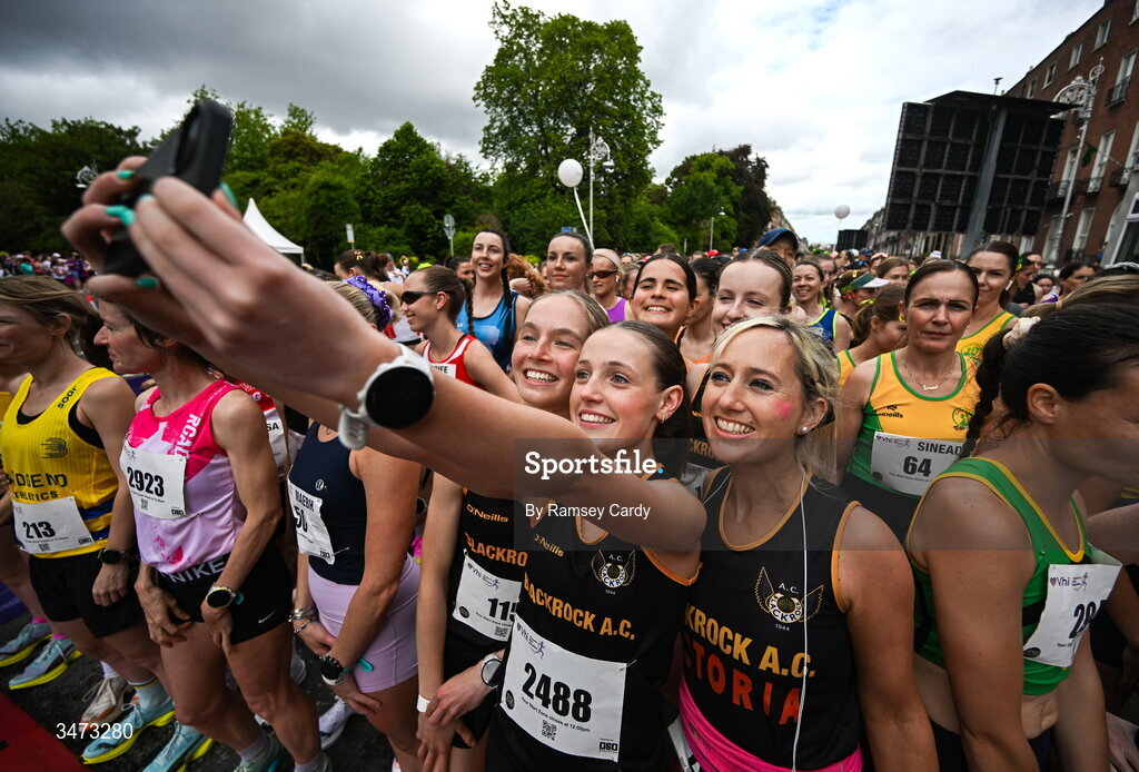 31 May 2026; Participants from Blackrock AC before the 2026 Vhi Women’s Mini Marathon. Almost 30,000 women from all over the country took to the streets of Dublin to run, walk and jog the 10km route, raising much needed funds for hundreds of charities around the country. www.vhiwomensminimarathon.ie. Photo by Ramsey Cardy/Sportsfile