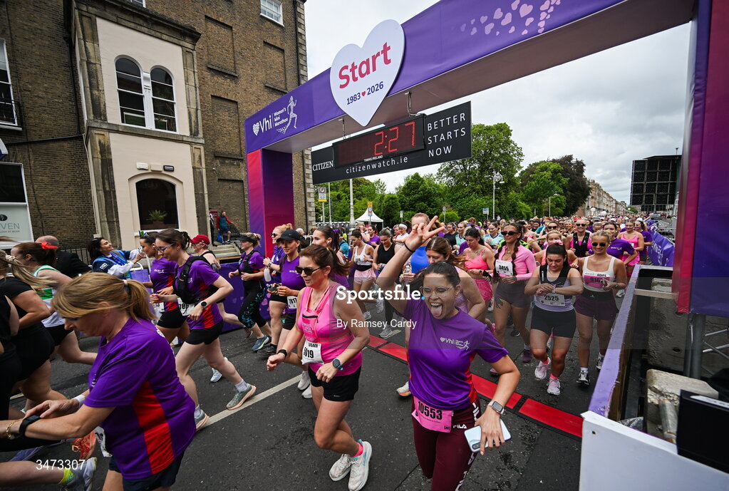 31 May 2026; Participants during the 2026 Vhi Women’s Mini Marathon. Almost 30,000 women from all over the country took to the streets of Dublin to run, walk and jog the 10km route, raising much needed funds for hundreds of charities around the country. www.vhiwomensminimarathon.ie. Photo by Ramsey Cardy/Sportsfile
