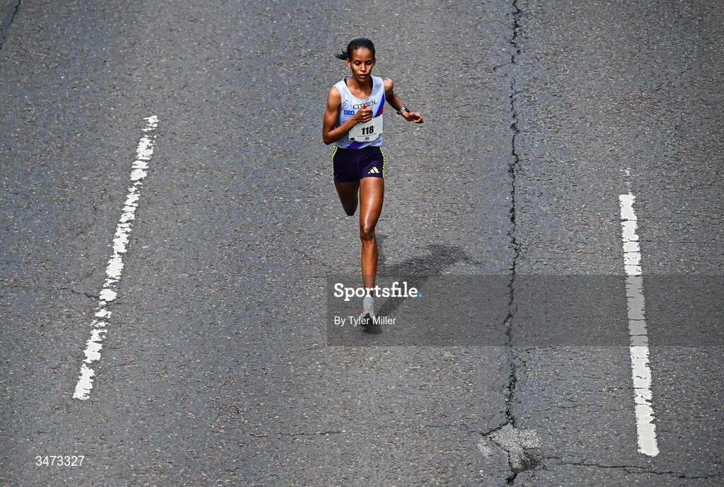 31 May 2026; Chaltu Dida leads the field during the 2026 Vhi Women’s Mini Marathon. Almost 30,000 women from all over the country took to the streets of Dublin to run, walk and jog the 10km route, raising much needed funds for hundreds of charities around the country. www.vhiwomensminimarathon.ie. Photo by Tyler Miller/Sportsfile