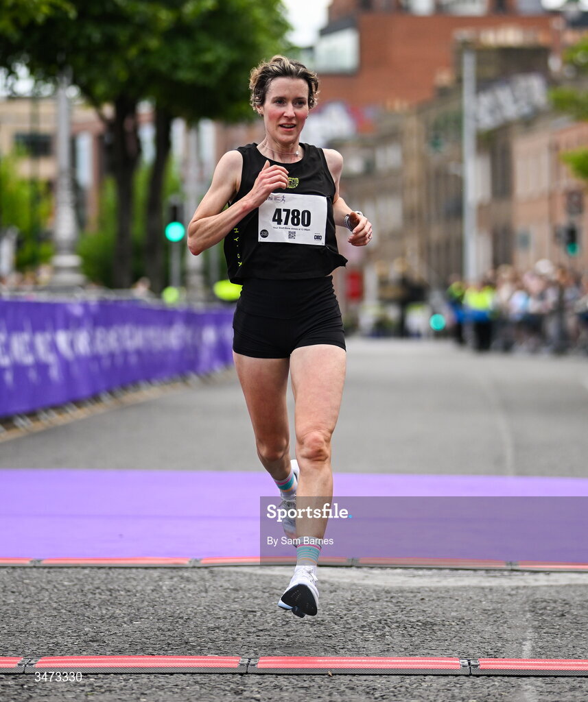31 May 2026; Ciara Wilson crosses the line to finish third in the 2026 Vhi Women’s Mini Marathon. Almost 30,000 women from all over the country took to the streets of Dublin to run, walk and jog the 10km route, raising much needed funds for hundreds of charities around the country. www.vhiwomensminimarathon.ie. Photo by Sam Barnes/Sportsfile