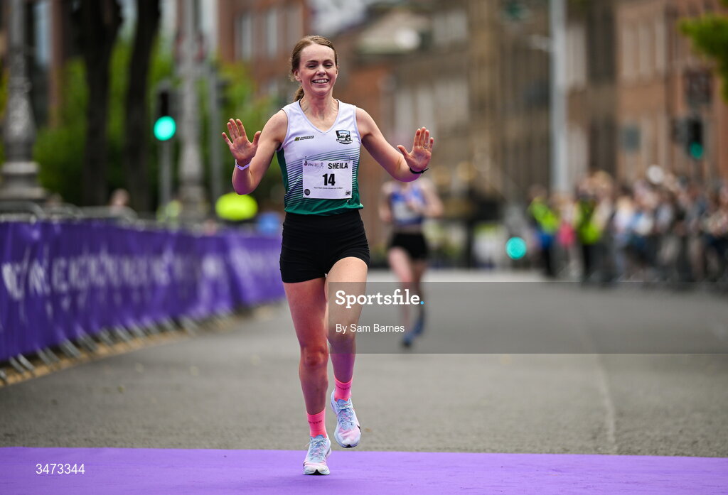 31 May 2026;Sheila O'Byrne of Parnell AC celebrates finishing the 2026 Vhi Women’s Mini Marathon. Almost 30,000 women from all over the country took to the streets of Dublin to run, walk and jog the 10km route, raising much needed funds for hundreds of charities around the country. www.vhiwomensminimarathon.ie. Photo by Sam Barnes/Sportsfile