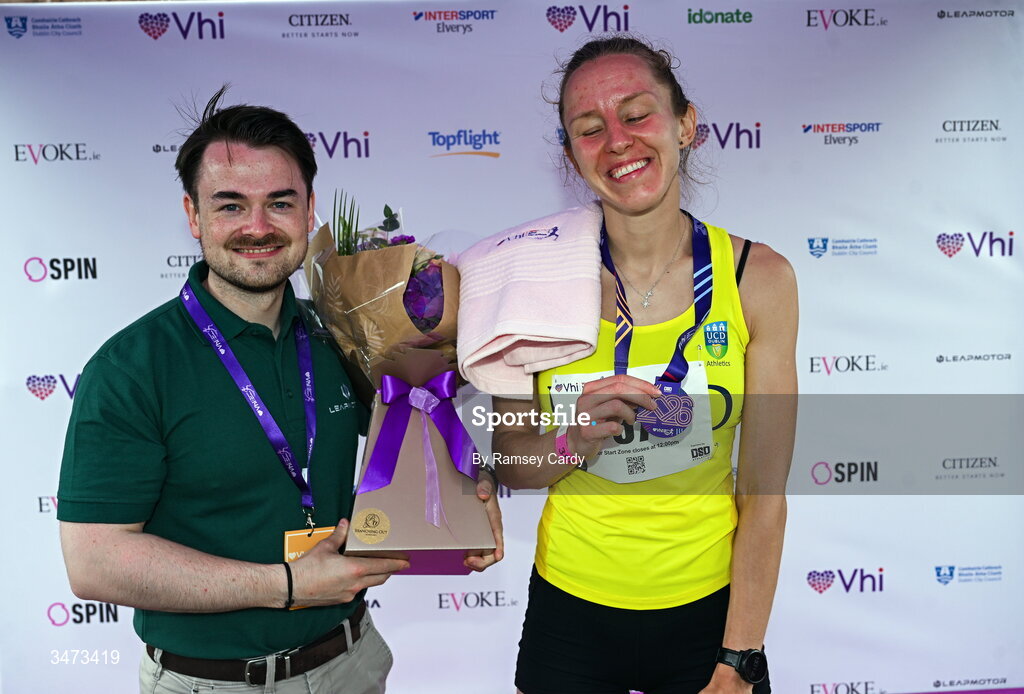 31 May 2026; Visually Impaired winner Greta Streimikyte with Mark Brennan, Leapmotor, during the 2026 Vhi Women’s Mini Marathon. Almost 30,000 women from all over the country took to the streets of Dublin to run, walk and jog the 10km route, raising much needed funds for hundreds of charities around the country. www.vhiwomensminimarathon.ie. Photo by Ramsey Cardy/Sportsfile
