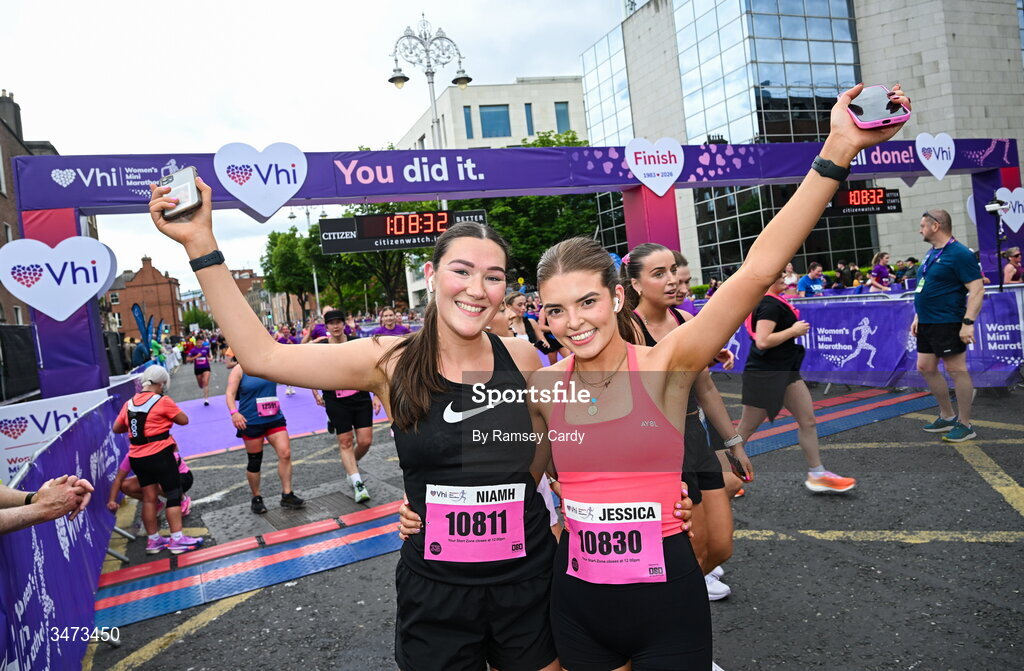 31 May 2026; Niamh O'Connor, left, and Jessica McCabe after finishing the 2026 Vhi Women’s Mini Marathon. Almost 30,000 women from all over the country took to the streets of Dublin to run, walk and jog the 10km route, raising much needed funds for hundreds of charities around the country. www.vhiwomensminimarathon.ie. Photo by Ramsey Cardy/Sportsfile