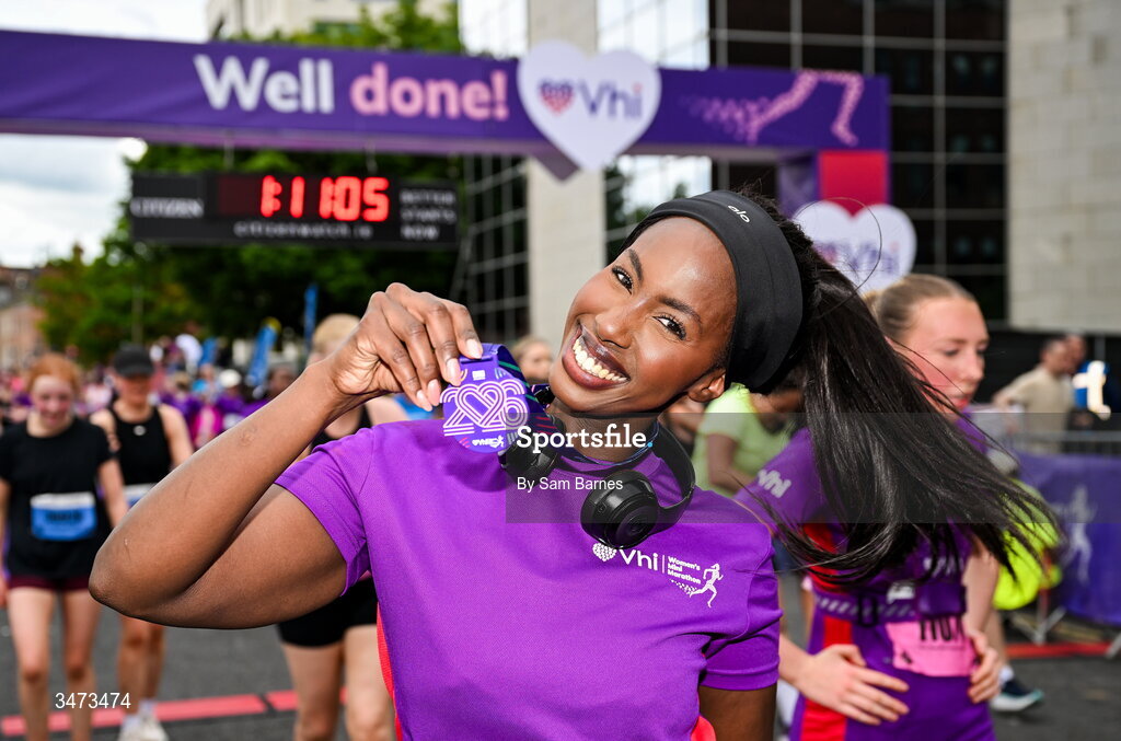 31 May 2026; VHI ambassador Katja Mia celebrates with her medal after the 2026 Vhi Women’s Mini Marathon. Almost 30,000 women from all over the country took to the streets of Dublin to run, walk and jog the 10km route, raising much needed funds for hundreds of charities around the country. www.vhiwomensminimarathon.ie. Photo by Sam Barnes/Sportsfile