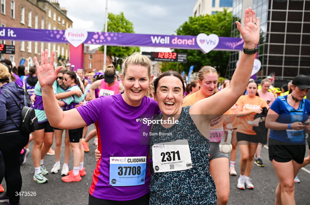 31 May 2026; Sinead Galvin, right, and Cliodhna O'Farrell after the 2026 Vhi Women’s Mini Marathon. Almost 30,000 women from all over the country took to the streets of Dublin to run, walk and jog the 10km route, raising much needed funds for hundreds of charities around the country. www.vhiwomensminimarathon.ie. Photo by Sam Barnes/Sportsfile