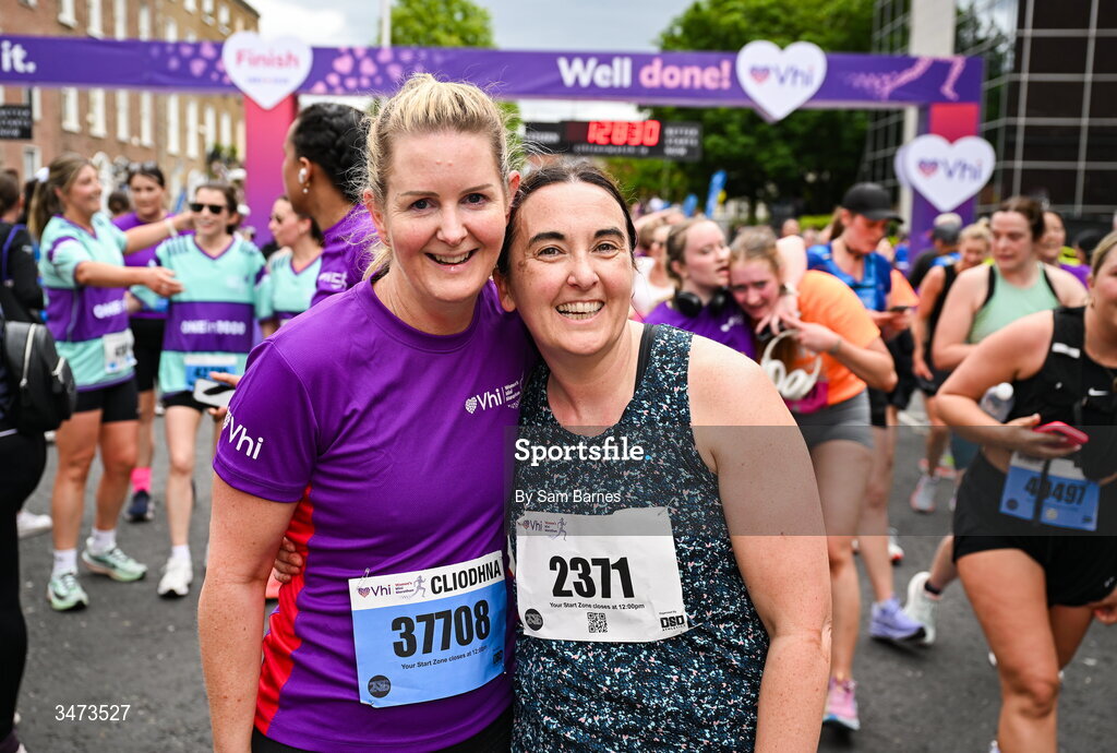 31 May 2026; Sinead Galvin, right, and Cliodhna O'Farrell after the 2026 Vhi Women’s Mini Marathon. Almost 30,000 women from all over the country took to the streets of Dublin to run, walk and jog the 10km route, raising much needed funds for hundreds of charities around the country. www.vhiwomensminimarathon.ie. Photo by Sam Barnes/Sportsfile