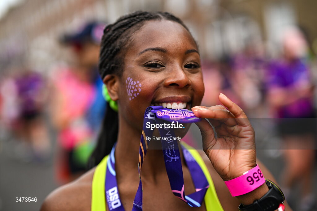 31 May 2026; Florence Okojie with her medal after the 2026 Vhi Women’s Mini Marathon. Almost 30,000 women from all over the country took to the streets of Dublin to run, walk and jog the 10km route, raising much needed funds for hundreds of charities around the country. www.vhiwomensminimarathon.ie. Photo by Ramsey Cardy/Sportsfile