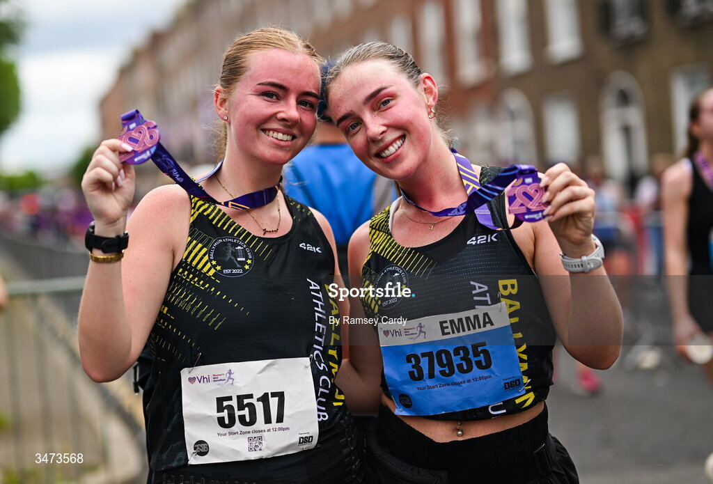 31 May 2026; Hayley Ivory, left, and Emma Murphy during the 2026 Vhi Women’s Mini Marathon. Almost 30,000 women from all over the country took to the streets of Dublin to run, walk and jog the 10km route, raising much needed funds for hundreds of charities around the country. www.vhiwomensminimarathon.ie. Photo by Ramsey Cardy/Sportsfile