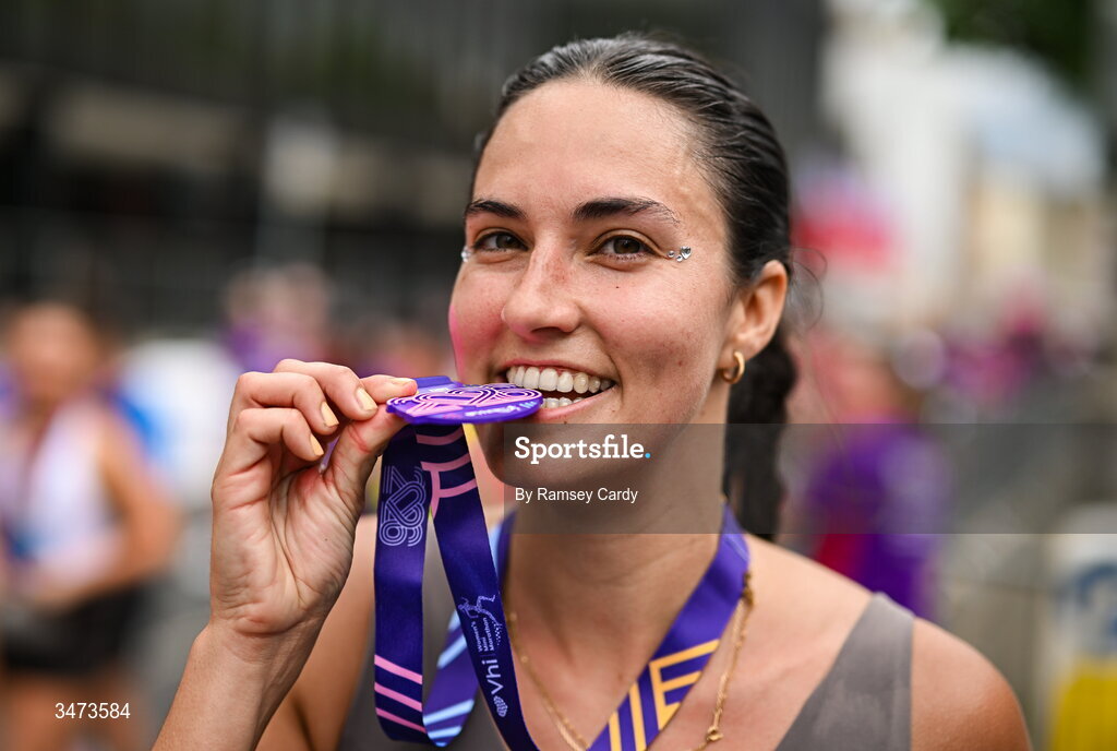 31 May 2026; Christina Maria Pozo with her medal after the 2026 Vhi Women’s Mini Marathon. Almost 30,000 women from all over the country took to the streets of Dublin to run, walk and jog the 10km route, raising much needed funds for hundreds of charities around the country. www.vhiwomensminimarathon.ie. Photo by Ramsey Cardy/Sportsfile